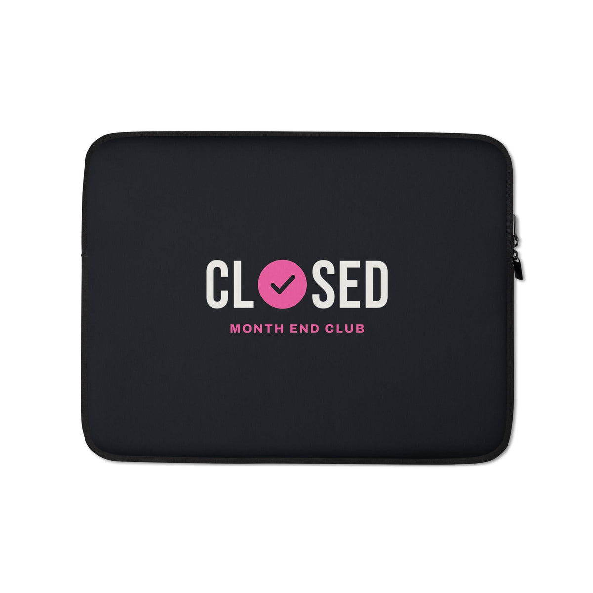 Closed Laptop Sleeve – 13″, black neoprene, front – pink print