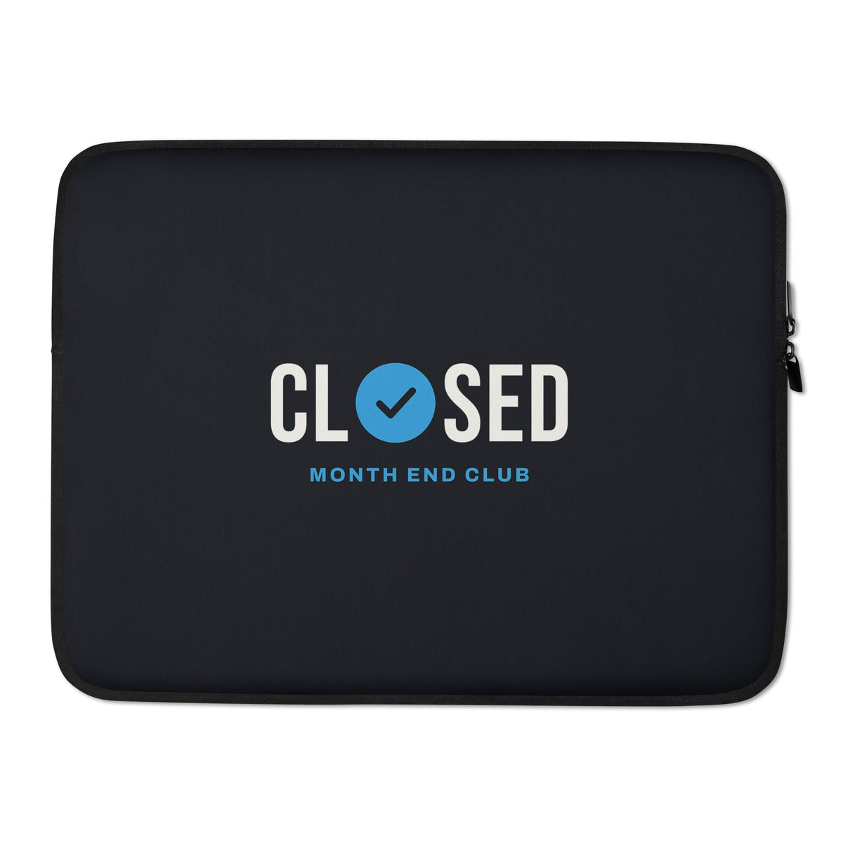 Closed Laptop Sleeve – 15″, black neoprene, front – blue print