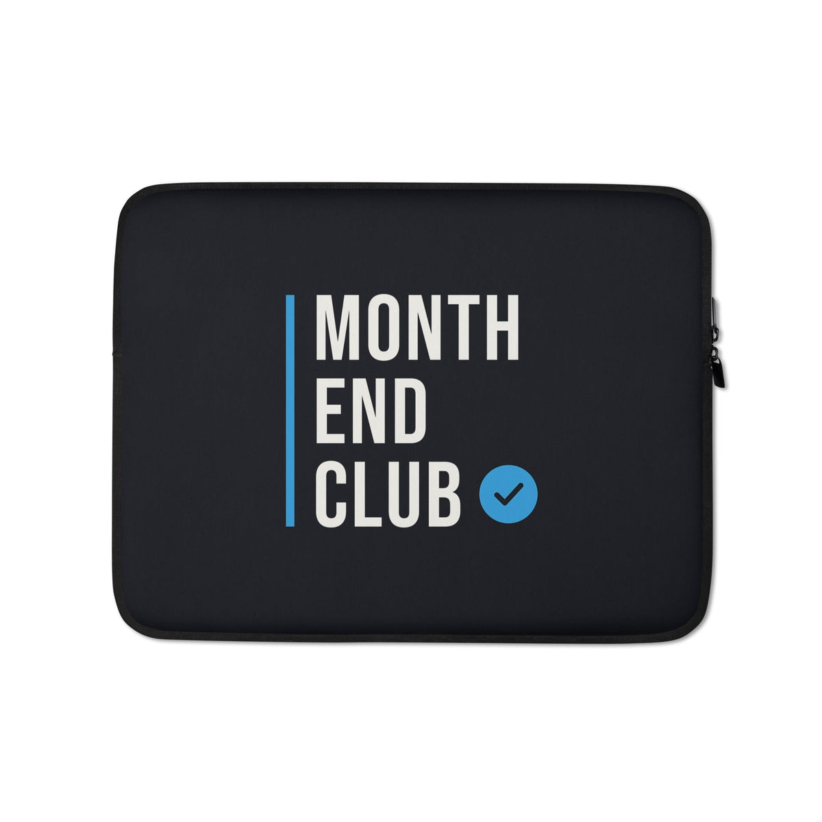 Month End Club Stacked Logo Laptop Sleeve – 13″, black neoprene, front – blue print