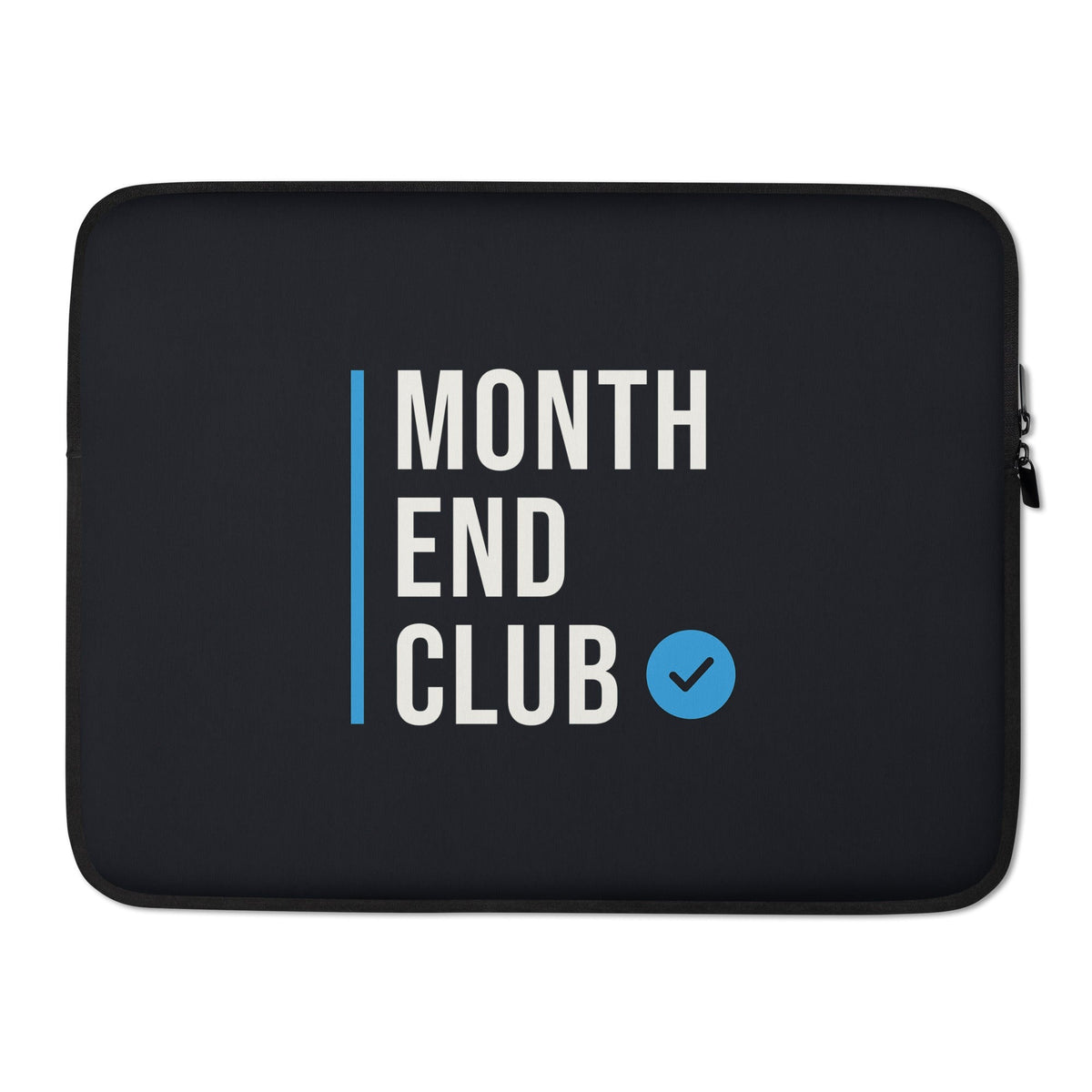 Month End Club Stacked Logo Laptop Sleeve – 15″, black neoprene, front – blue print