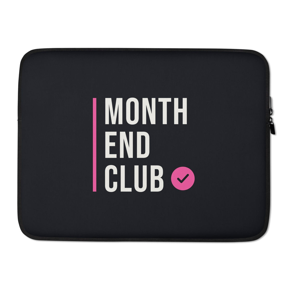 Month End Club Stacked Logo Laptop Sleeve – 15″, black neoprene, front – pink print