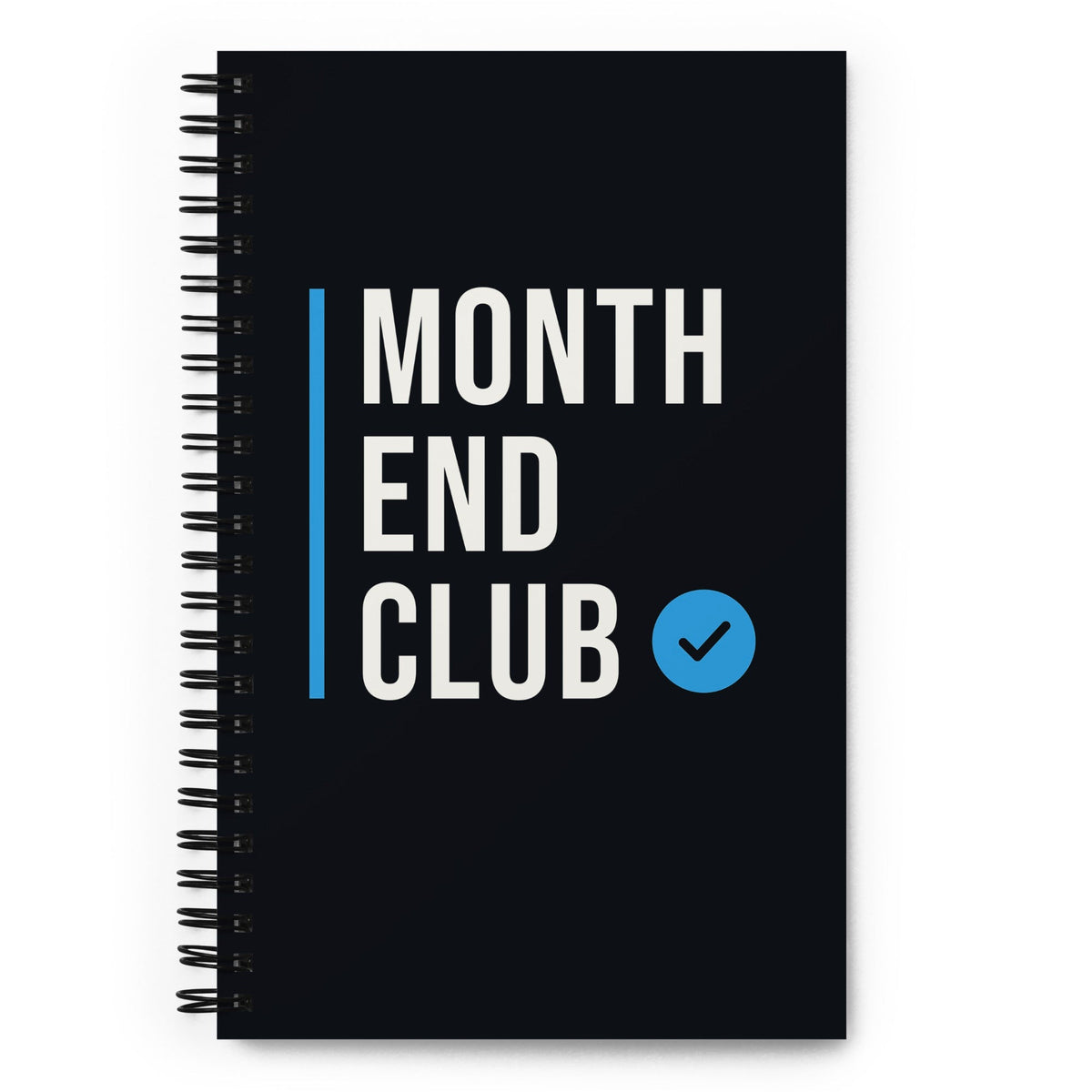 Month End Club Stacked Logo Spiral Notebook – front cover – blue print