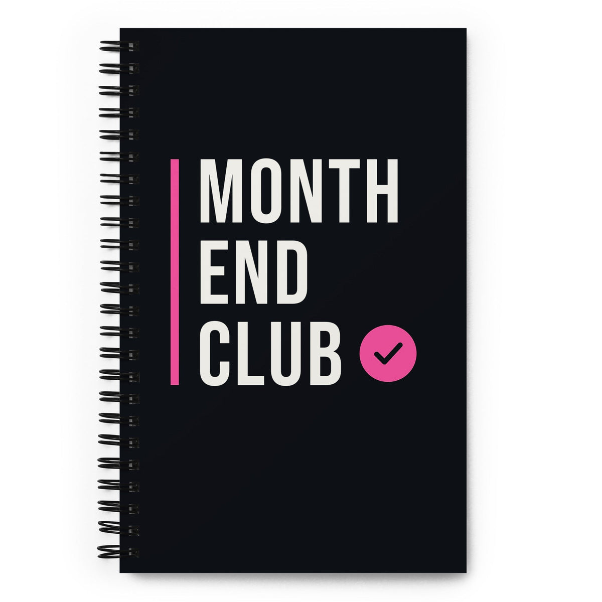 Month End Club Stacked Logo Spiral Notebook – front cover – pink print