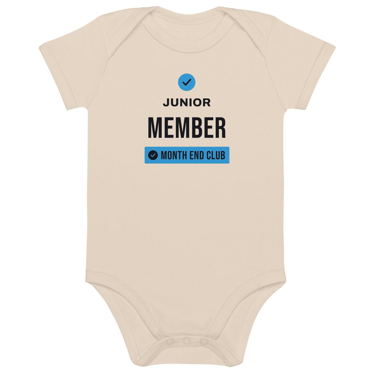 Junior Member Baby Bodysuit – Organic Natural, front – blue print