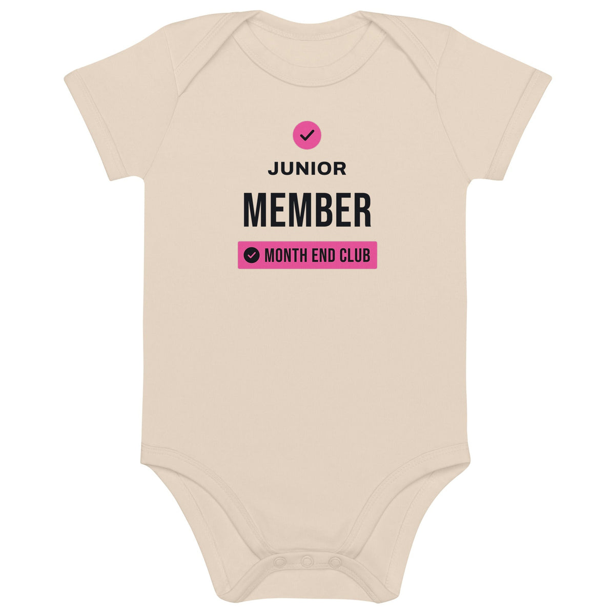 Junior Member Baby Bodysuit – Organic Natural, front – pink print
