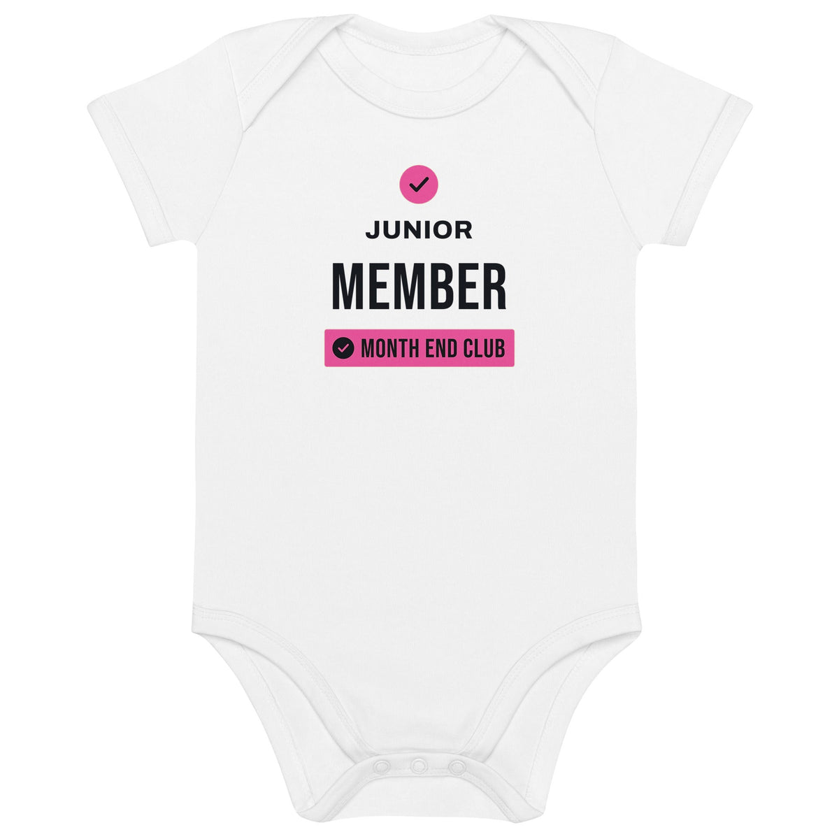 Junior Member Baby Bodysuit – White, front – pink print