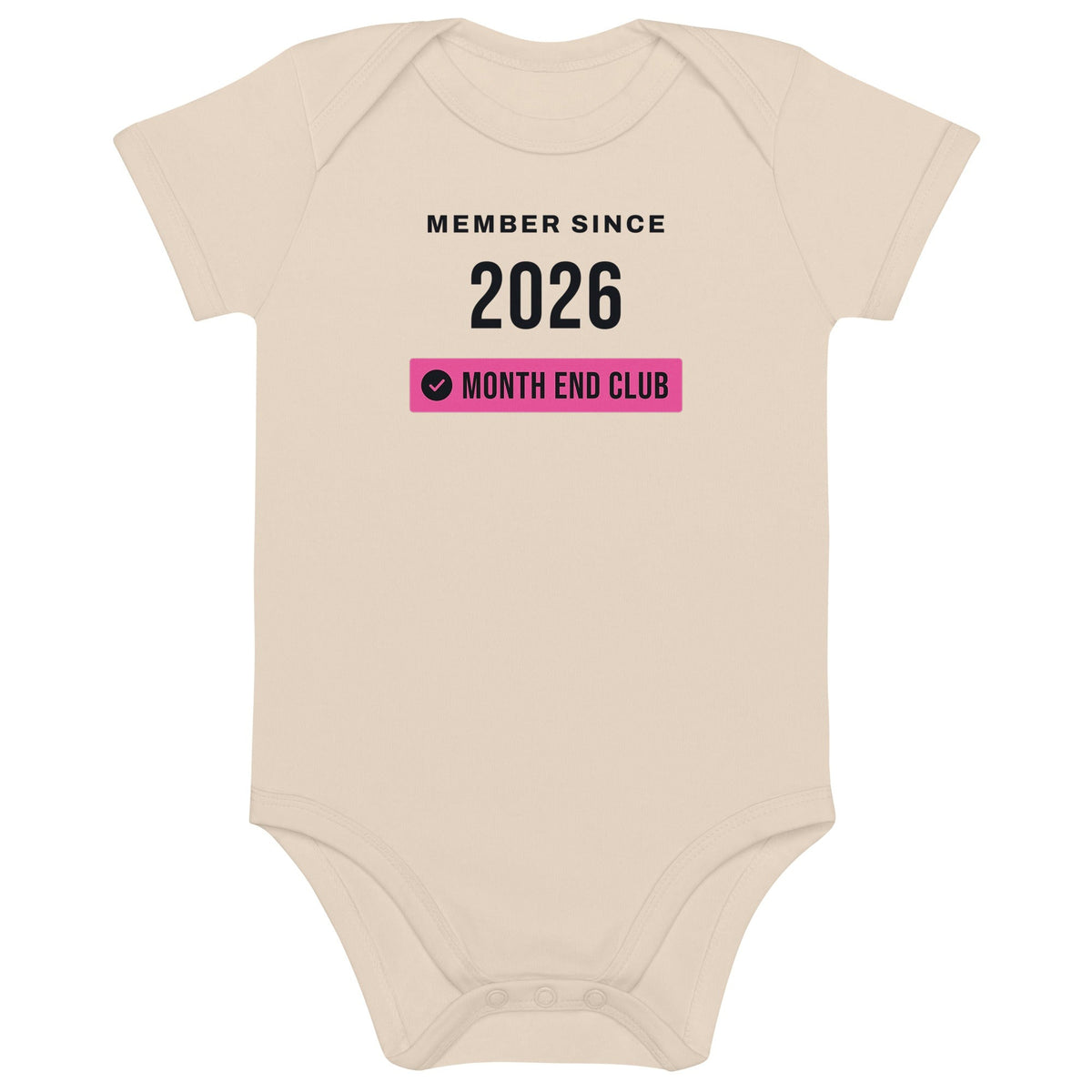 Member Since Baby Bodysuit – 2026, Organic Natural, front – pink print