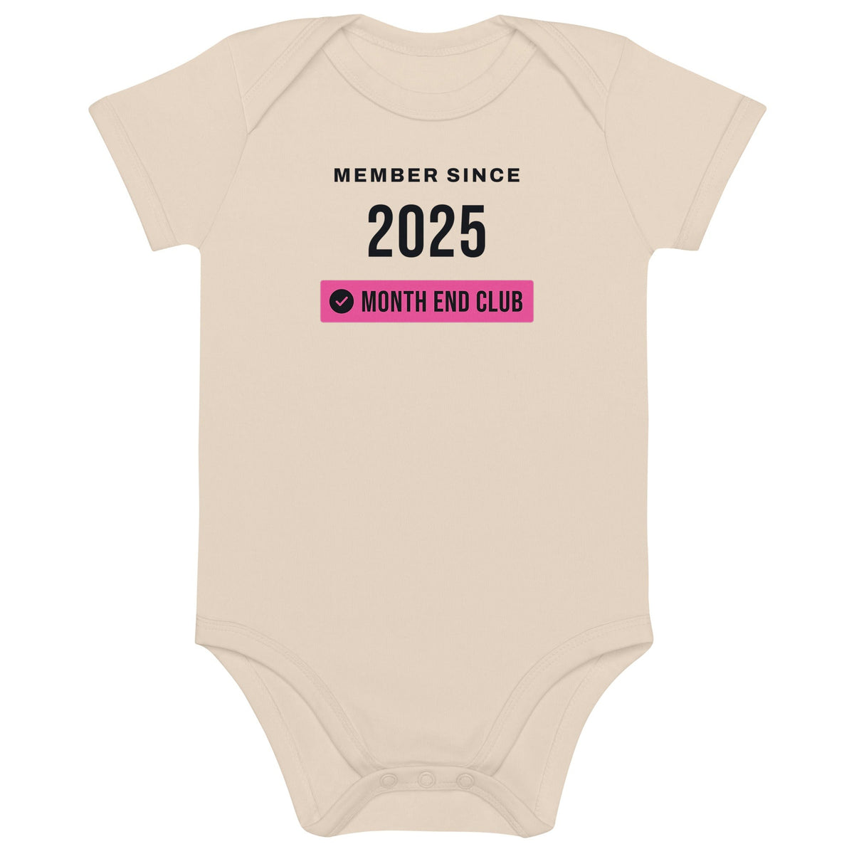 Member Since Baby Bodysuit – 2025, Organic Natural, front – pink print