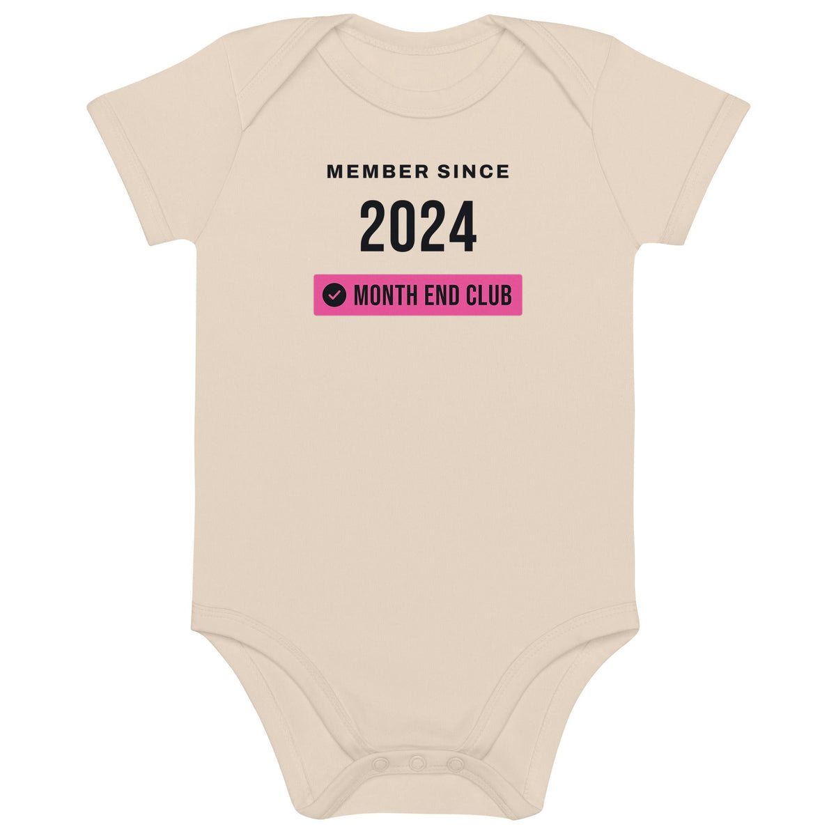 Member Since Baby Bodysuit – 2024, Organic Natural, front – pink print