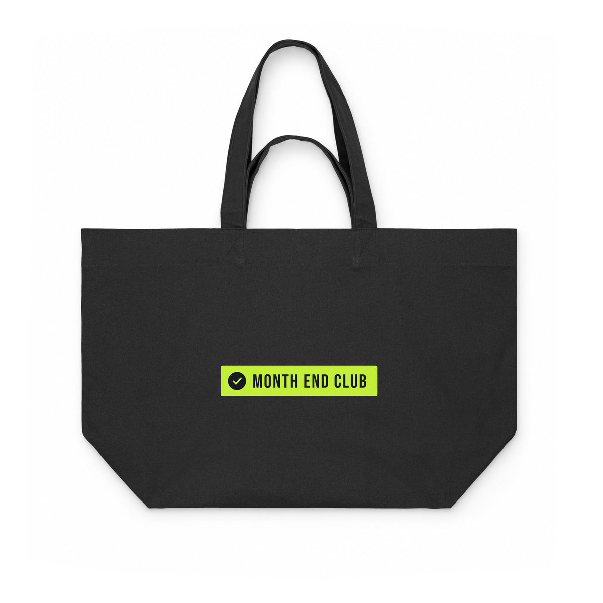 Month End Club Logo Shopping Bag – Black canvas bag, lime logo print