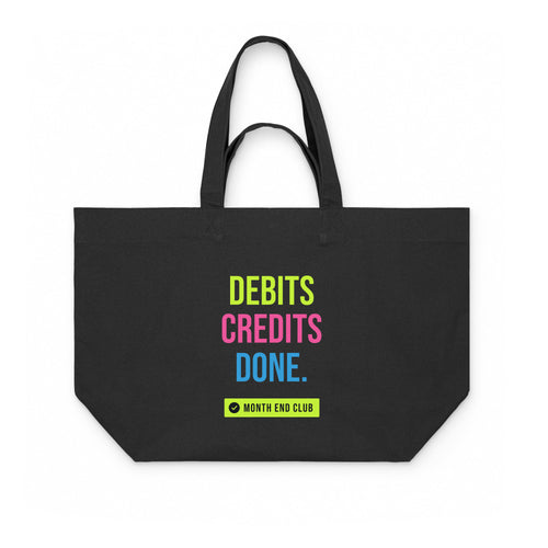 Debits Credits Done Shopping Bag – Black canvas bag, lime, pink and blue print