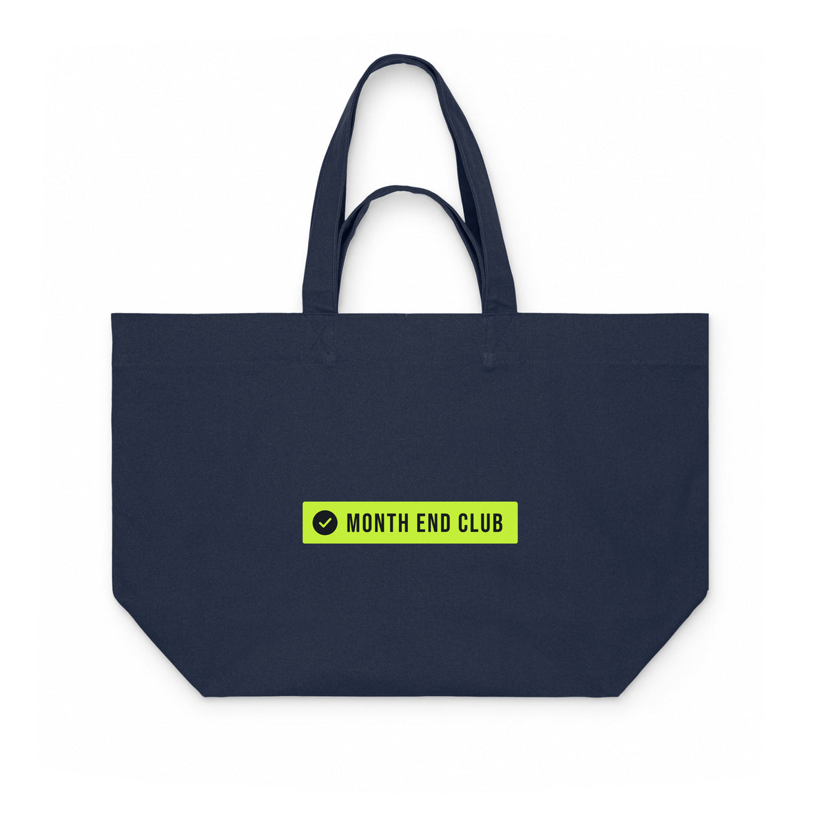 Month End Club Logo Shopping Bag – French Navy canvas bag, lime logo print