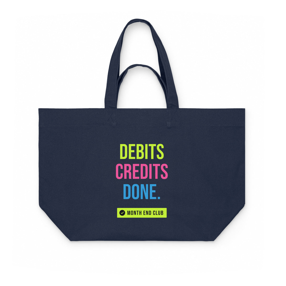 Debits Credits Done Shopping Bag – French Navy canvas bag, lime, pink and blue print