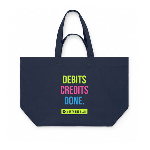 Debits Credits Done Shopping Bag – French Navy canvas bag, lime, pink and blue print