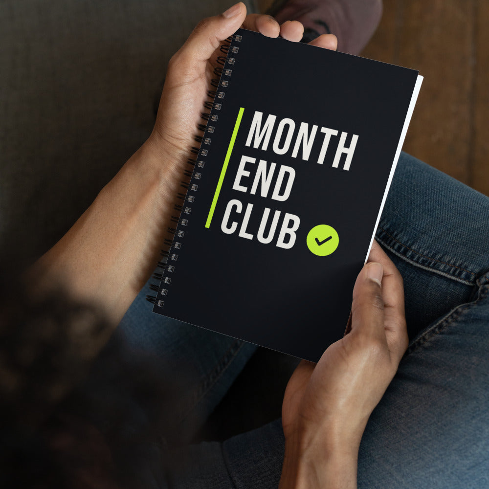 Month End Club Stacked Logo Spiral Notebook – in use