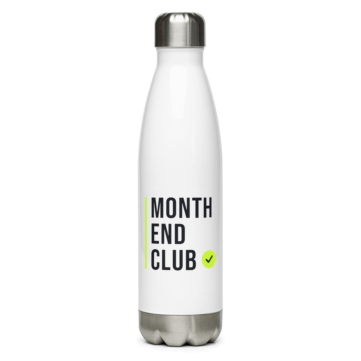 Month End Club Stacked Logo Steel Water Bottle – White, front
