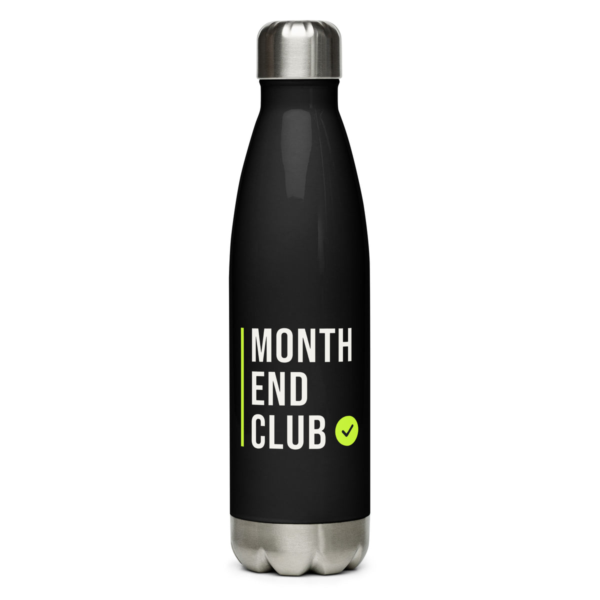 Month End Club Stacked Logo Steel Water Bottle – Black, front
