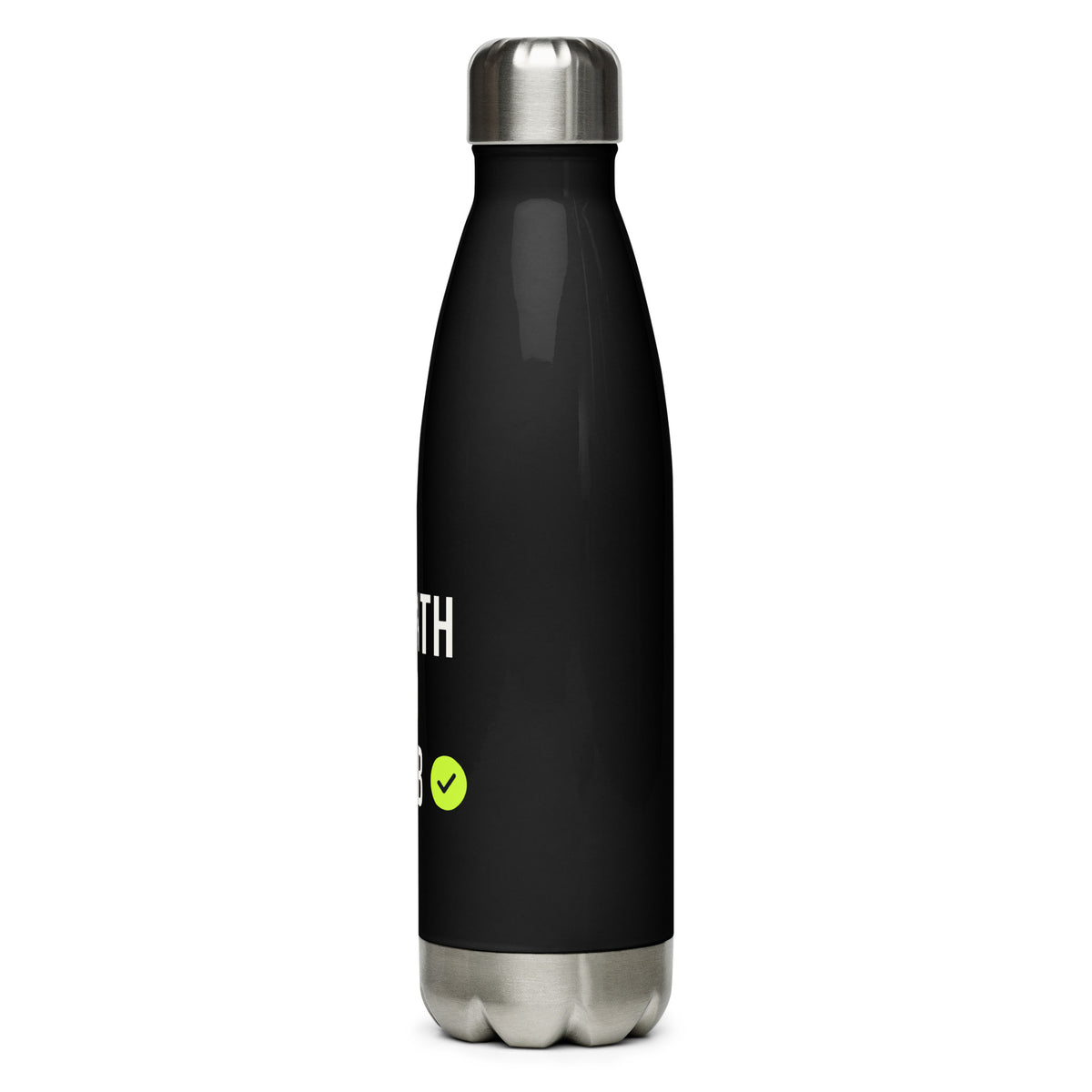 Month End Club Stacked Logo Steel Water Bottle – Black, left side