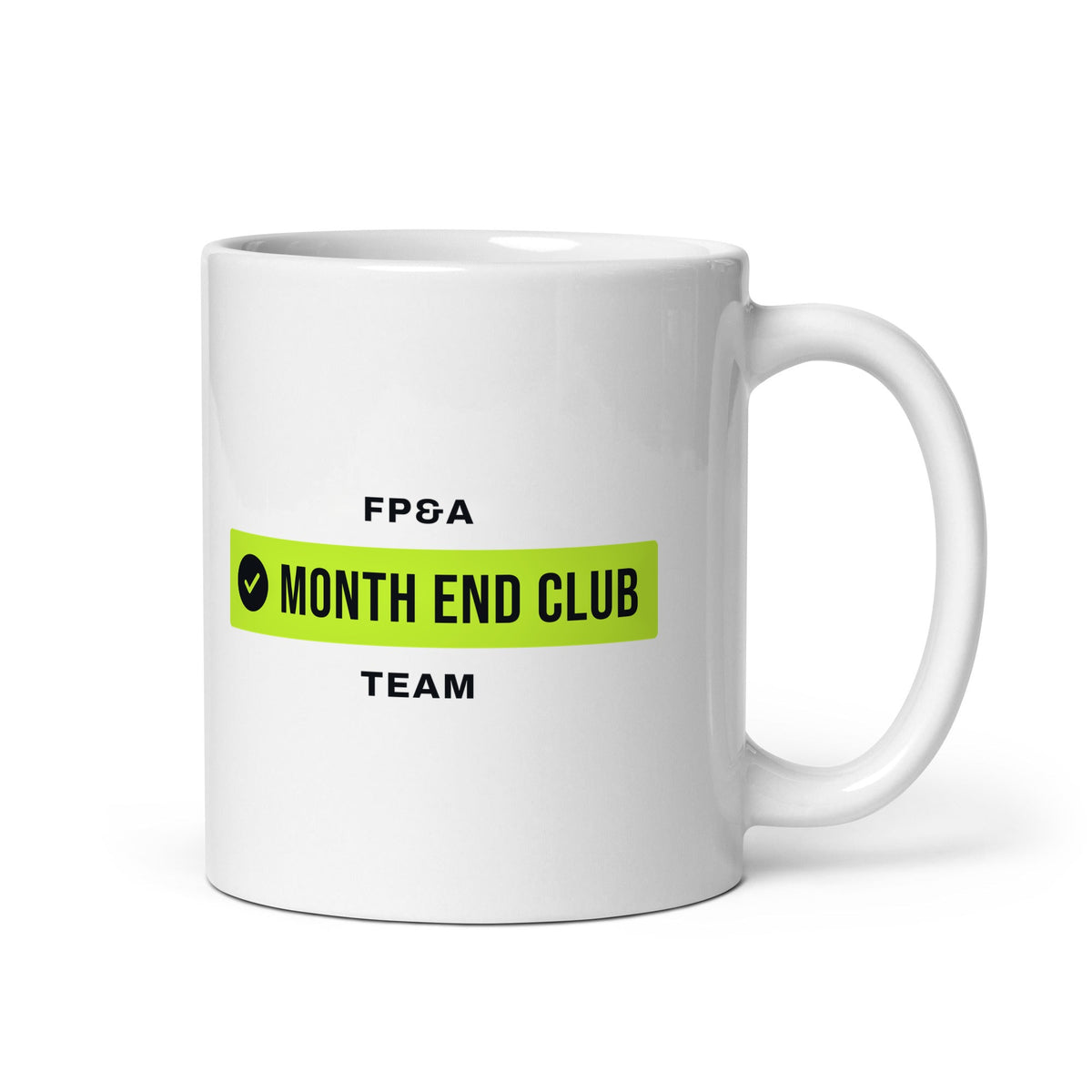 Month End Club Team Mug – FP&A, Black and lime print – white 11oz mug