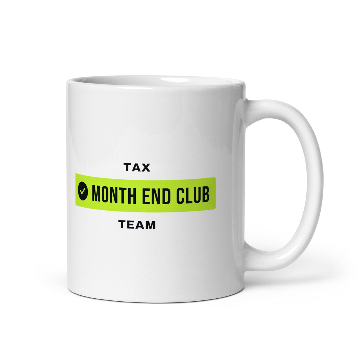 Month End Club Team Mug – Tax, Black and lime print – white 11oz mug