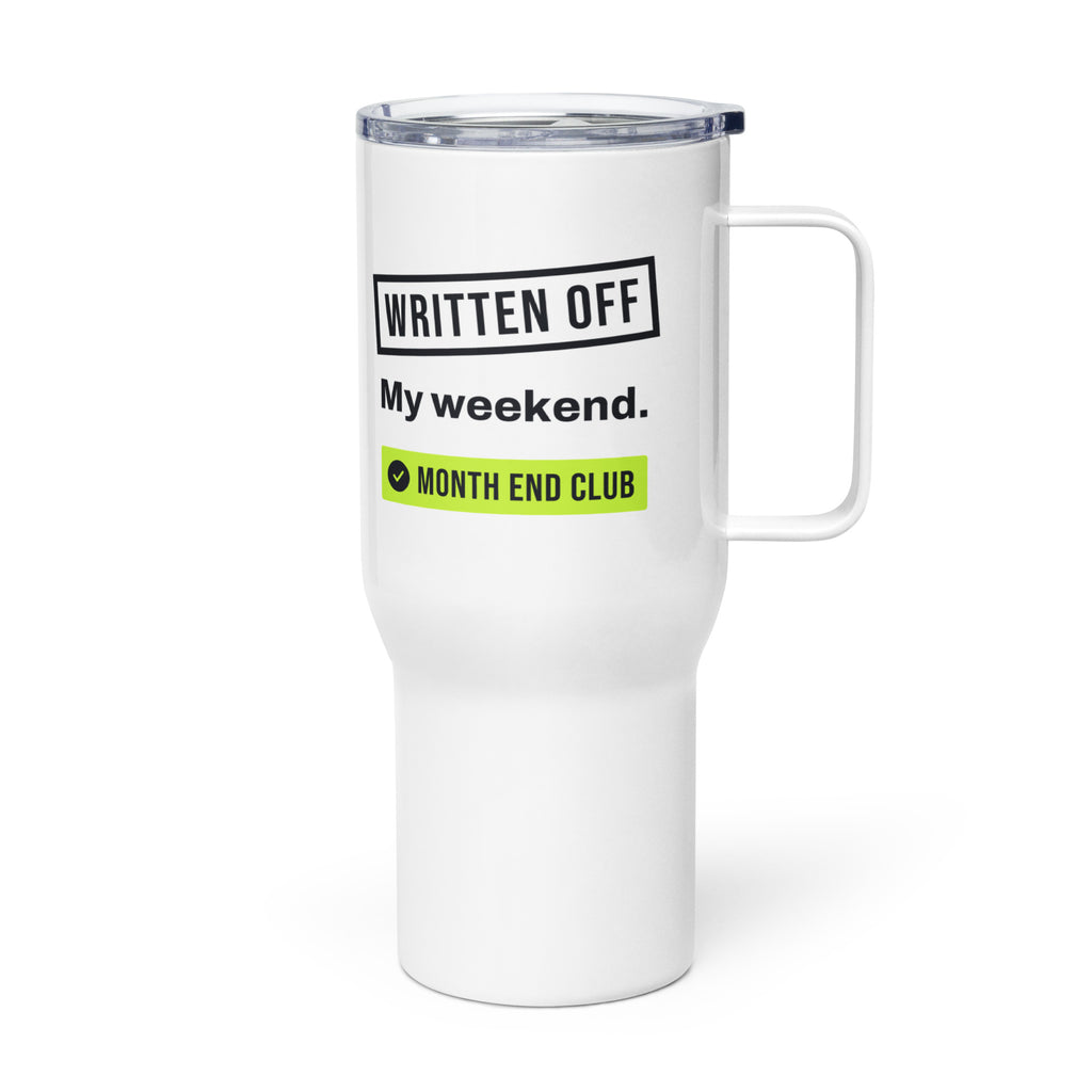 Written Off Travel Mug – white 739 ml travel mug, left side view