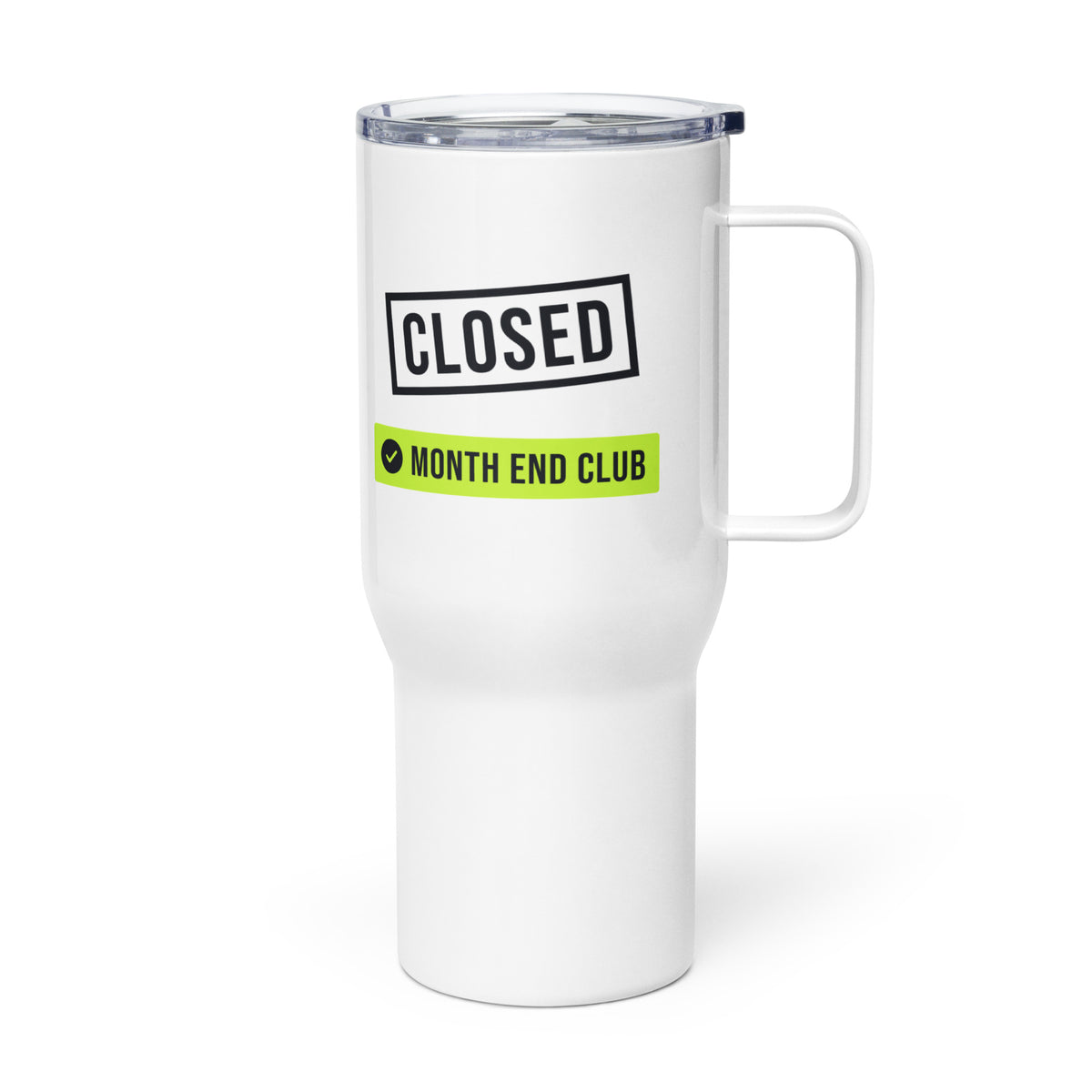 Closed Stamp Travel Mug – white 739 ml travel mug, left side view
