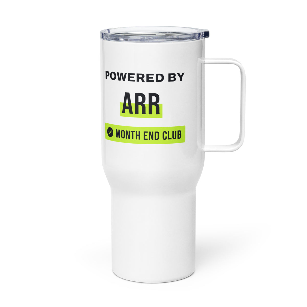 Powered by ARR Travel Mug – white 739 ml travel mug, left side view