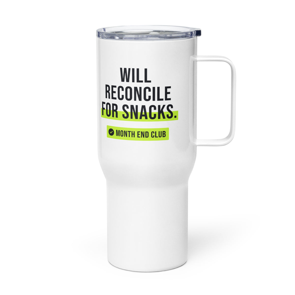 Will Reconcile for Snacks Travel Mug – white 739 ml travel mug, left side view