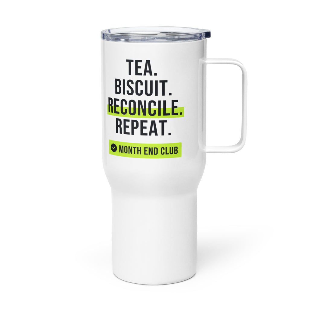 Tea. Biscuit. Reconcile. Repeat. Travel Mug – white 739 ml travel mug, left side view