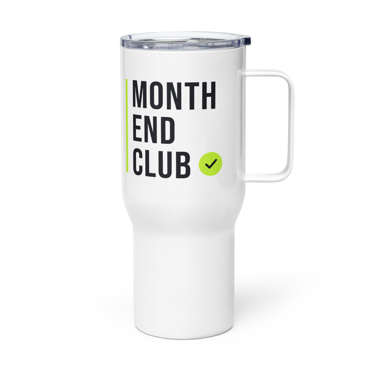 Month End Club Stacked Logo Travel Mug – white 739 ml travel mug, left side view
