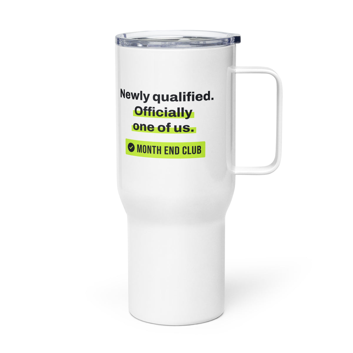 Newly Qualified Travel Mug – white 739 ml travel mug, left side view