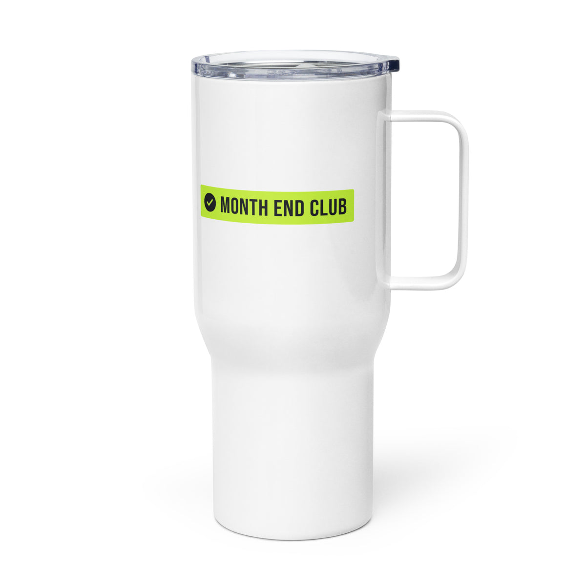 Month End Club Logo Travel Mug – white 739 ml travel mug, left side view
