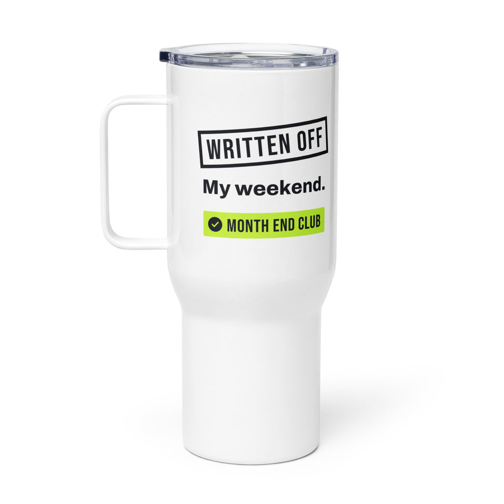 Written Off Travel Mug – white 739 ml travel mug, right side view