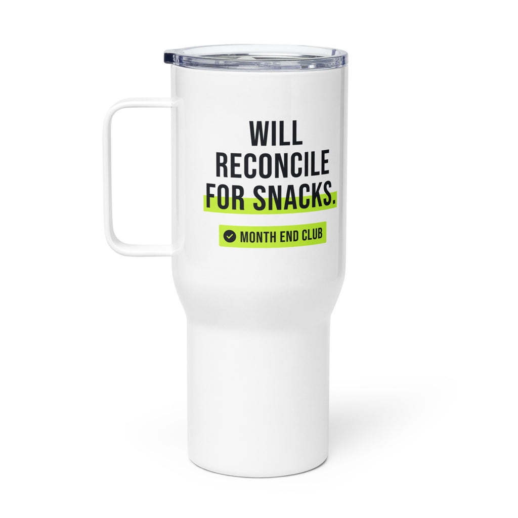 Will Reconcile for Snacks Travel Mug – white 739 ml travel mug, right side view