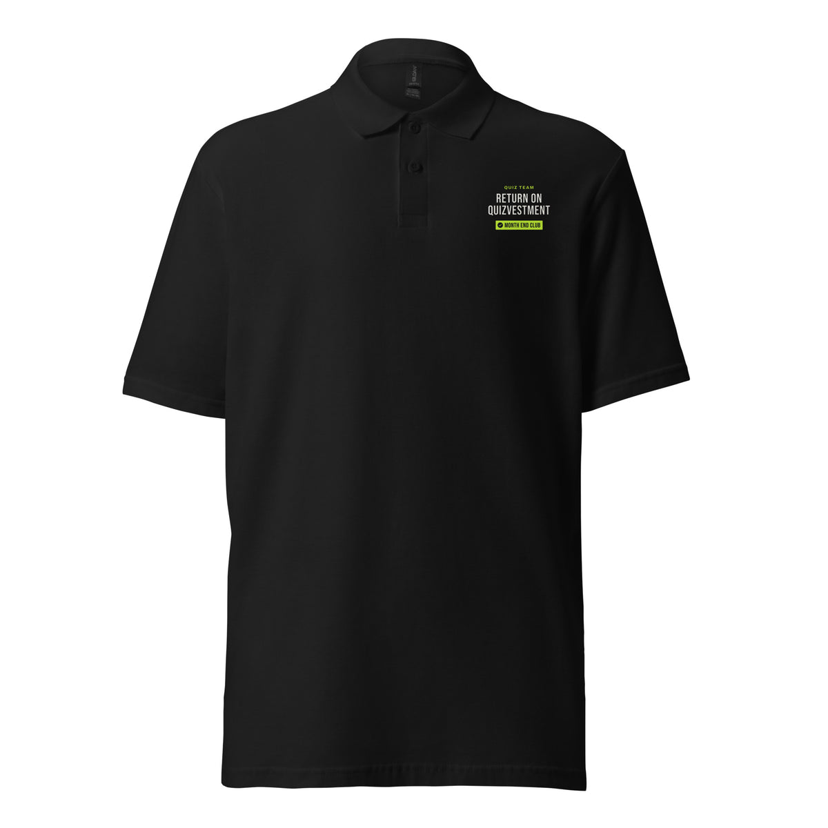Pub Quiz Team Polo – Black – Return On Quizvestment, front