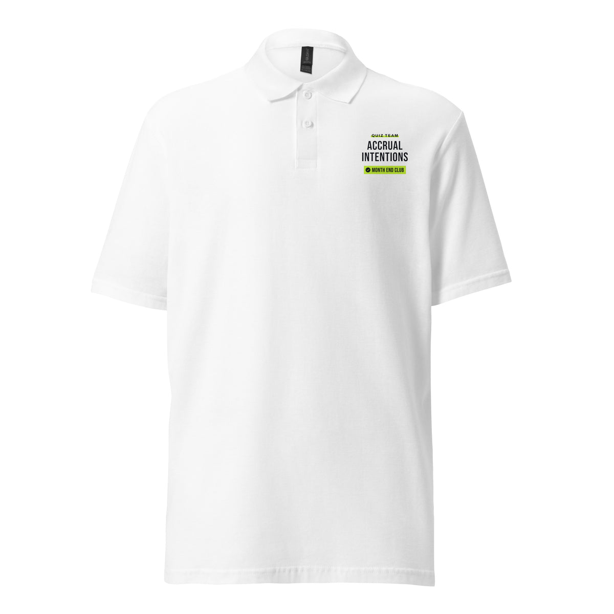 Pub Quiz Team Polo – White – Accrual Intentions, front