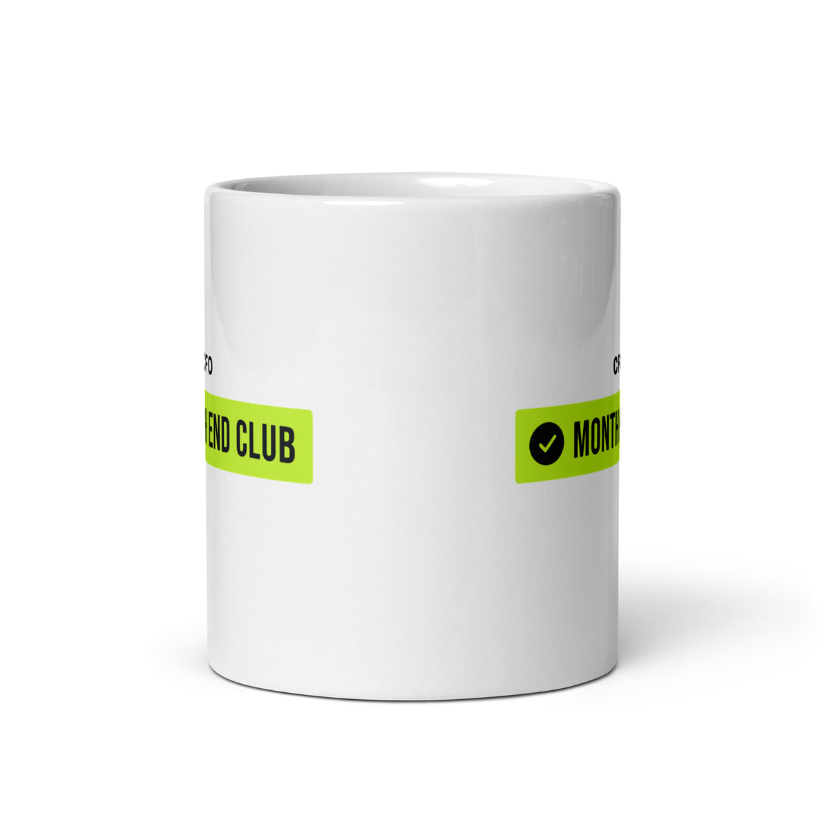 Month End Club Team Mug – CFO, Black and lime print – white 11oz mug – front view