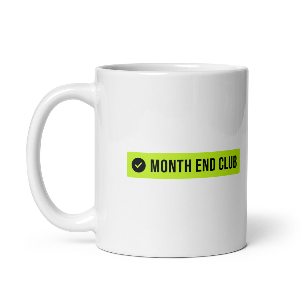 Month End Club Logo Mug – white 11oz mug, handle on left