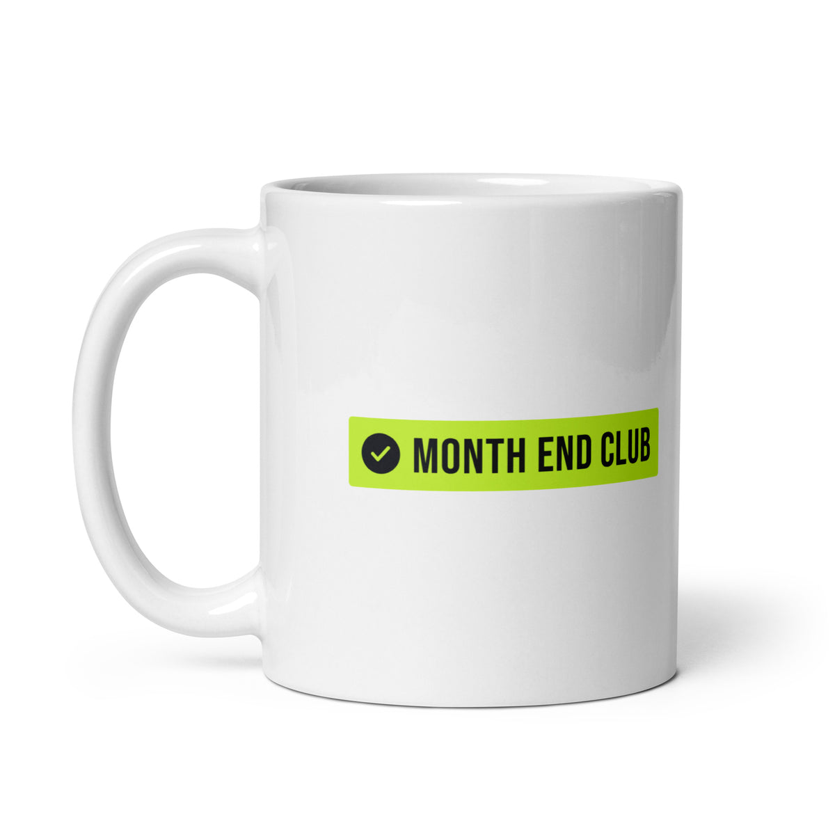 Month End Club Logo Mug – white 11oz mug, handle on left