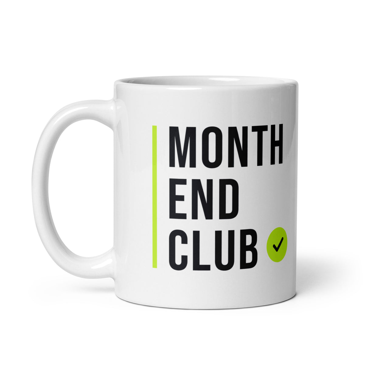 Month End Club Stacked Logo Mug – white 11oz mug, handle on left