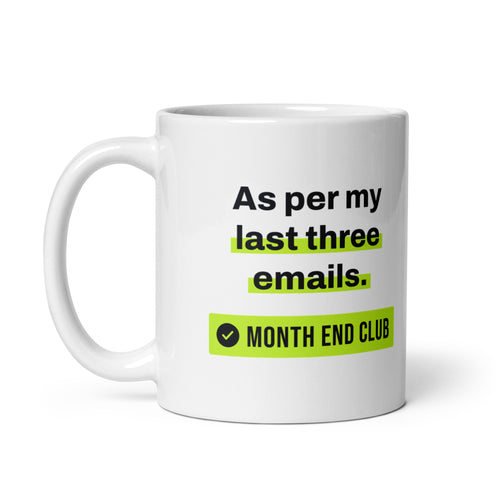 As Per My Last Three Emails Mug – white 11oz mug, handle on left