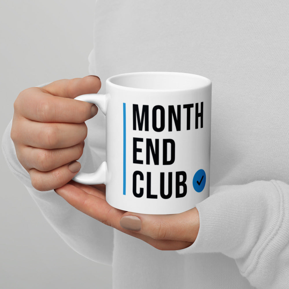 Month End Club Stacked Logo Mug – in hand