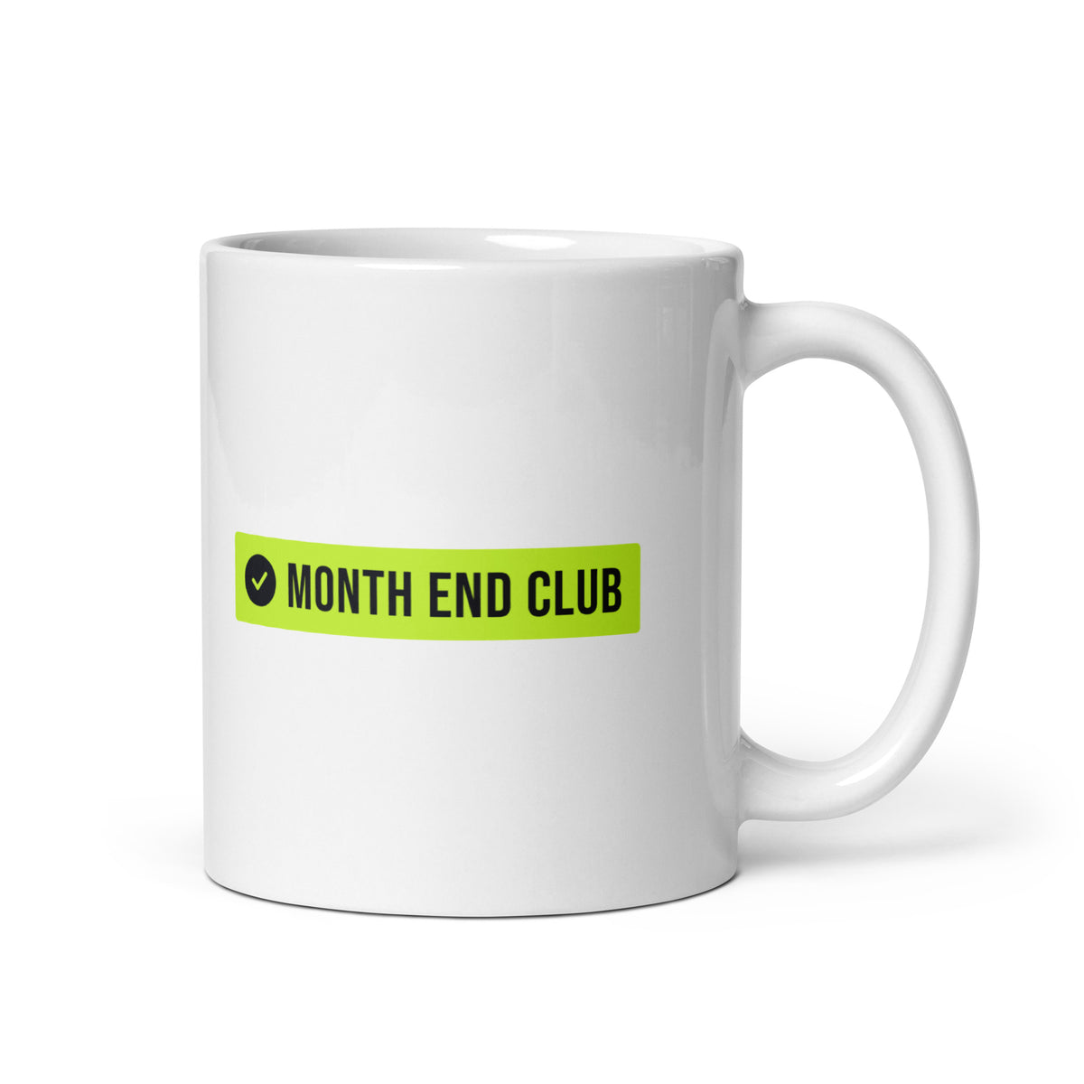 Month End Club Logo Mug – white 11oz mug, handle on right