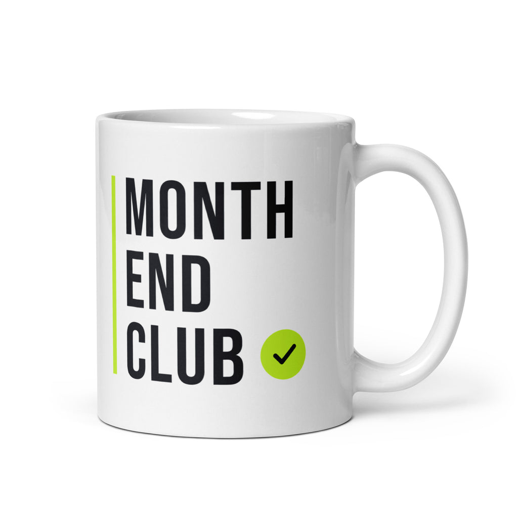 Month End Club Stacked Logo Mug – white 11oz mug, handle on right