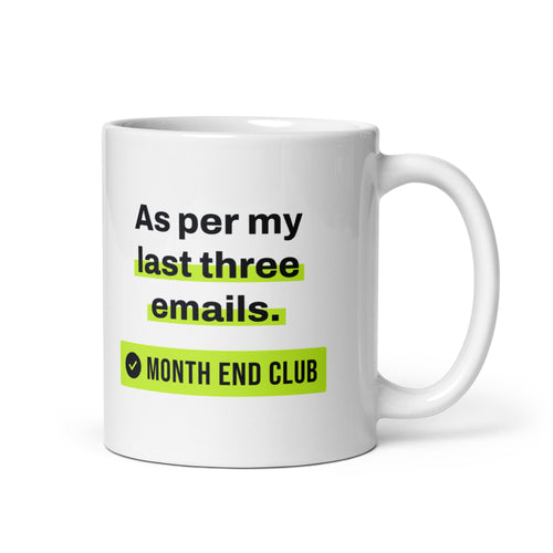 As Per My Last Three Emails Mug – white 11oz mug, handle on right