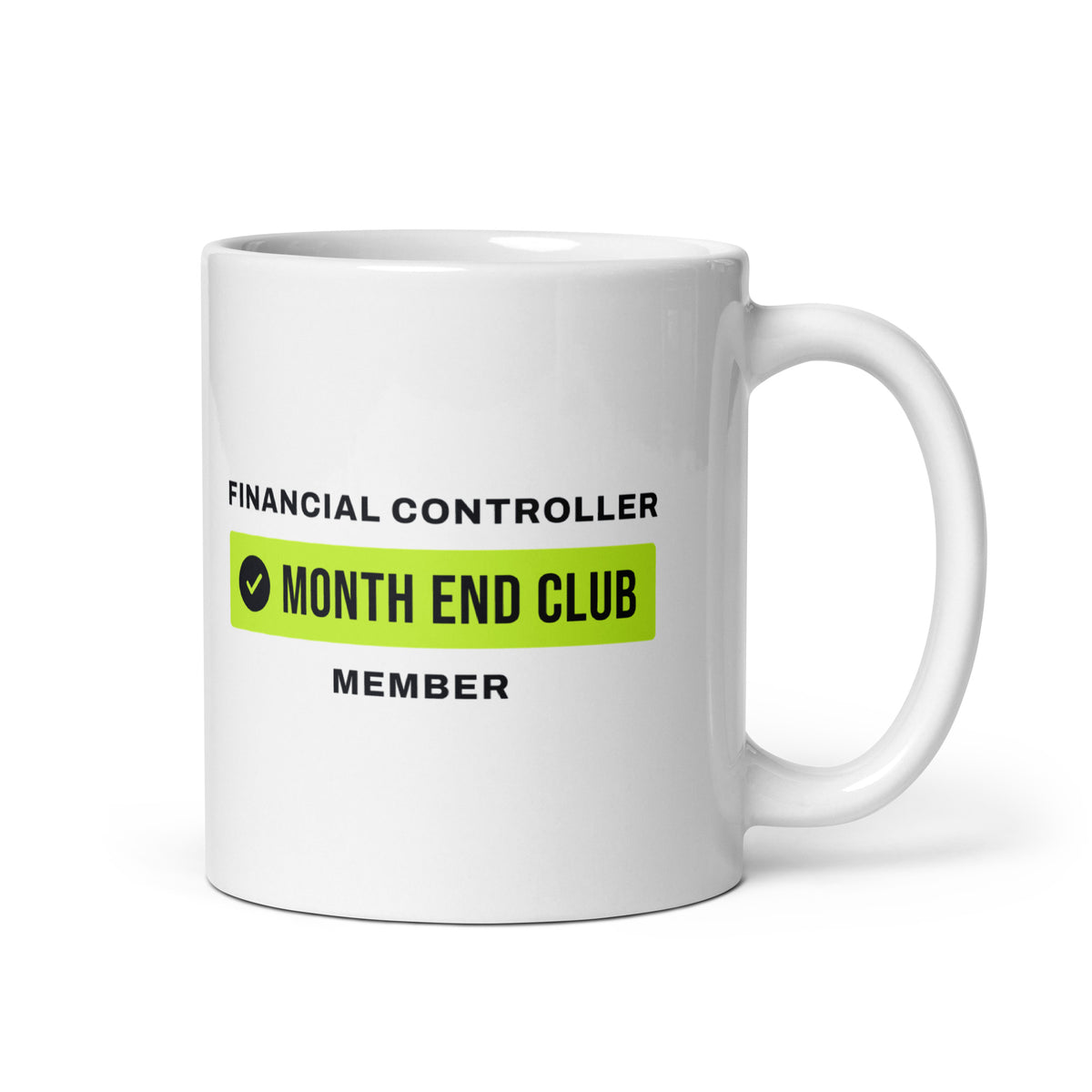 Month End Club Team Mug – Financial Controller, Black and lime print – white 11oz mug