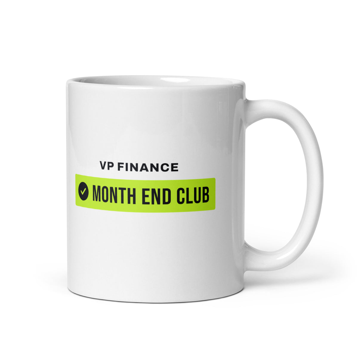 Month End Club Team Mug – VP Finance, Black and lime print – white 11oz mug