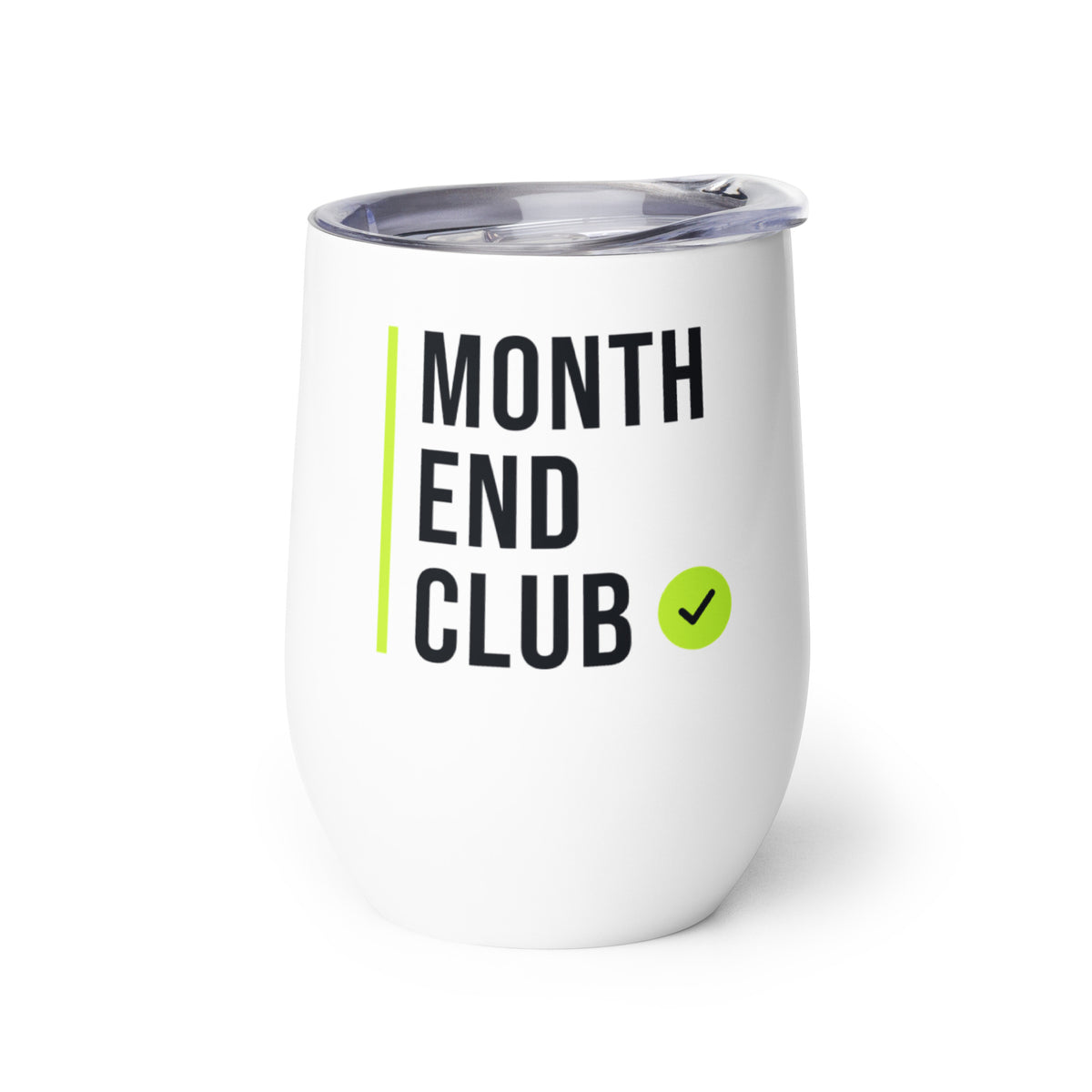 Month End Club Stacked Logo Wine Tumbler – white wine tumbler, left side view