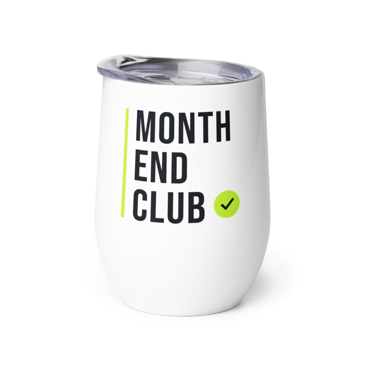 Month End Club Stacked Logo Wine Tumbler – white wine tumbler, right side view